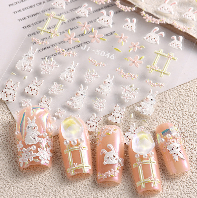 Pink Rabbit Nail Decal Stickers for Manicure - 5D Embossed Floral Design