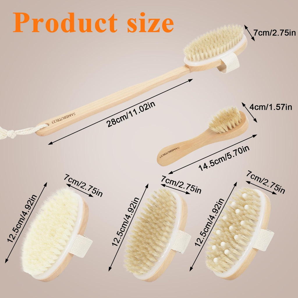 Dry Body Brush Set with Long Handle and Natural Boar Bristles for Face & Body