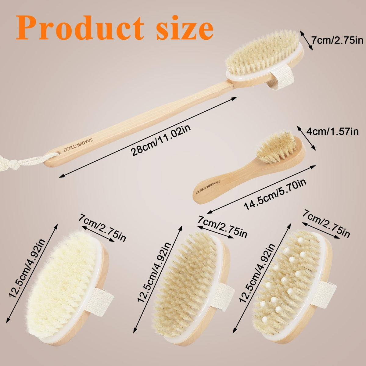 Dry Body Brush Set with Long Handle and Natural Boar Bristles for Face & Body