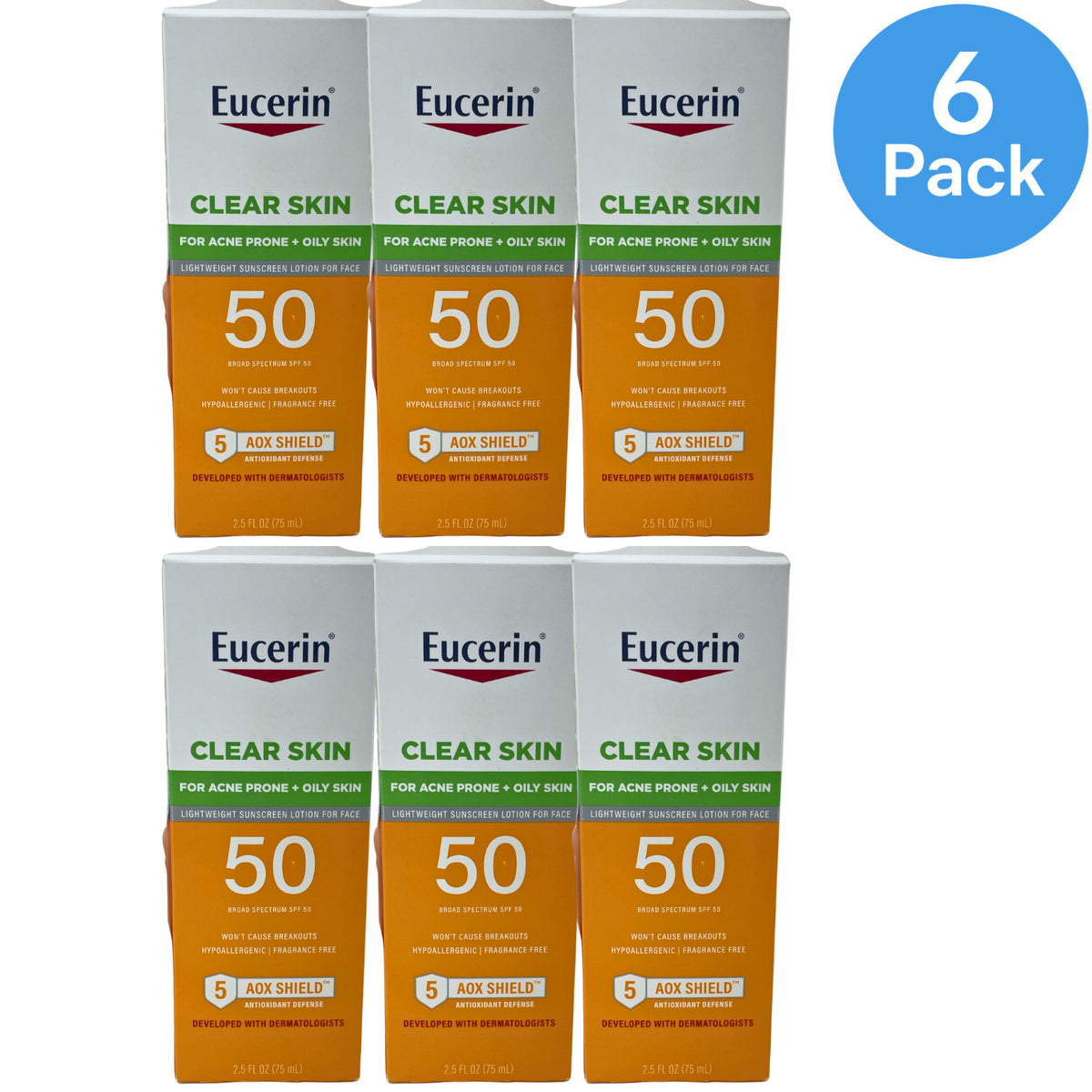 Eucerin Clear Skin SPF 50 Sunscreen Lotion - Lightweight, Oil-Free, 6 Pack