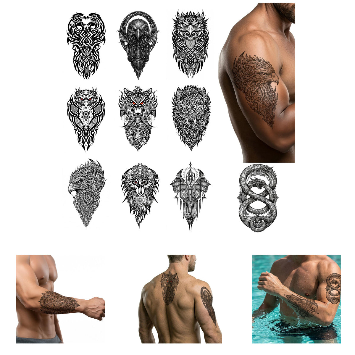 Temporary Tattoos for Adults - Large Eagle Tribal Design, 10 Sheets Waterproof