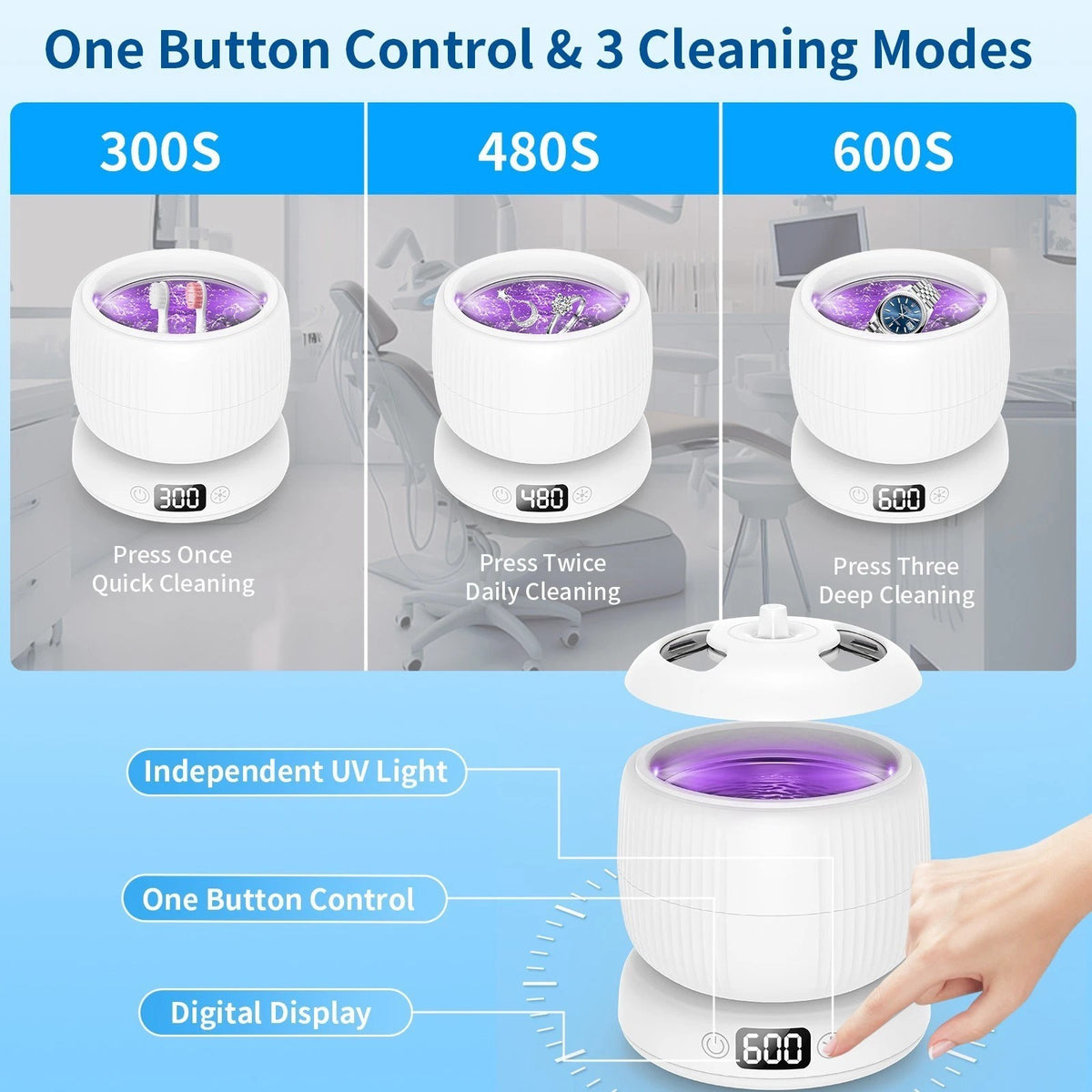 Ultrasonic Retainer and Denture Cleaner Machine - Portable Jewelry & Mouth Guard Cleaner
