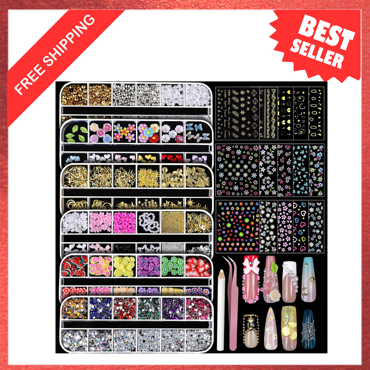 Nail Charms and Gems Set with 3D Nail Art Stickers for DIY & Salon Use