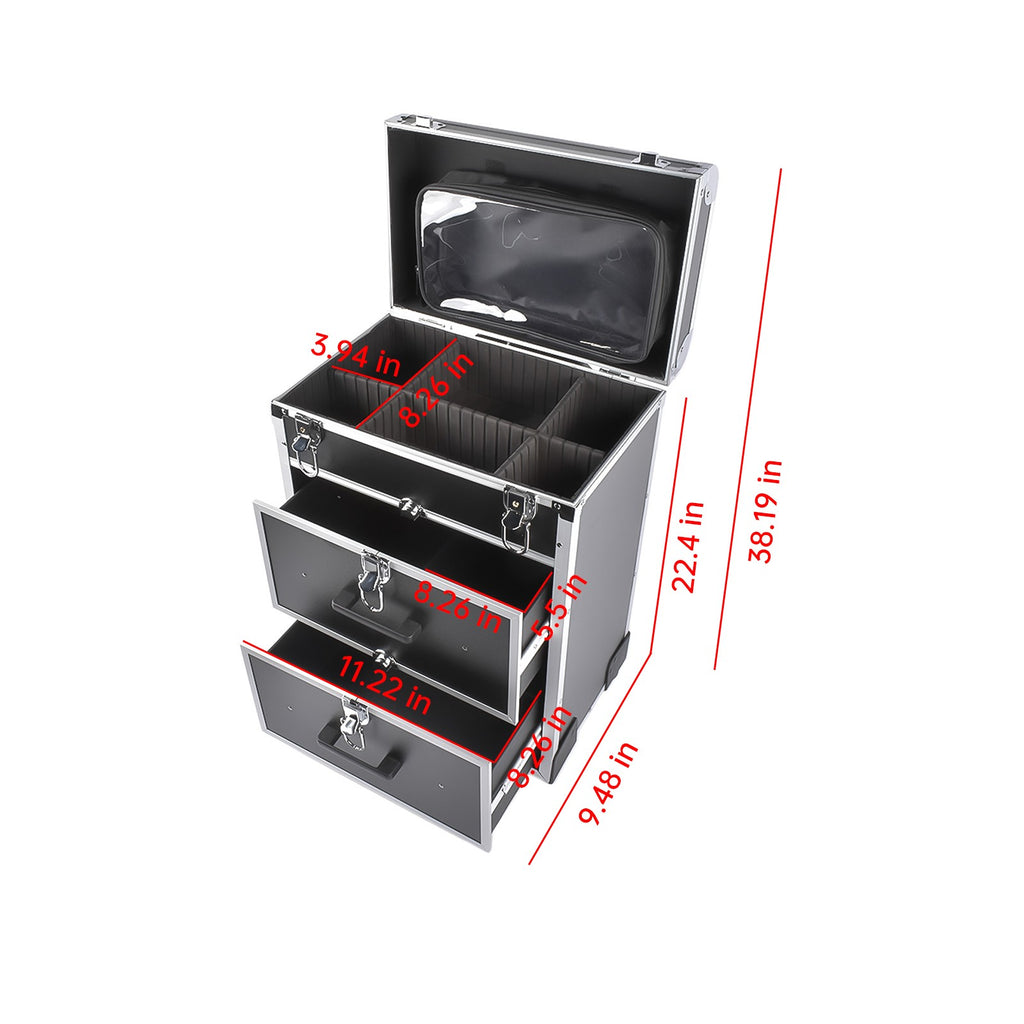 Large Rolling Makeup Train Case with Drawers and Wheels for Professionals