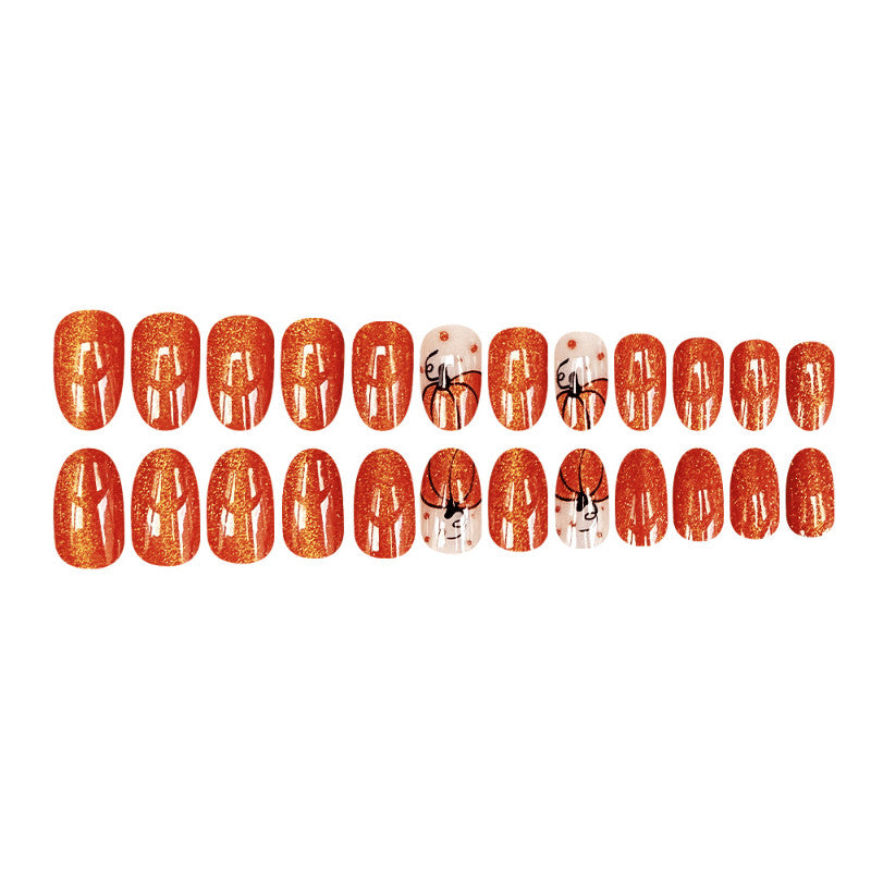 72Pcs Short Almond Fake Nails with Halloween Pumpkin Orange Glitter