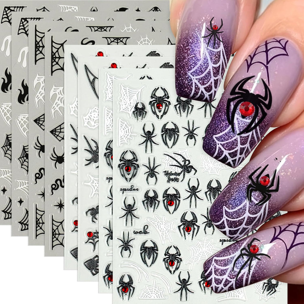 Halloween Nail Stickers 8 Sheets Spider Web Black & White Nail Art Decals