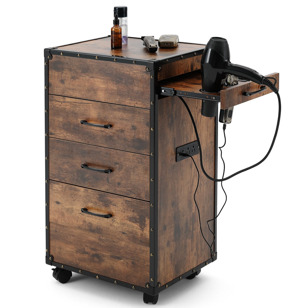 Vintage Salon Trolley Cart with 3 Drawers & Power Outlets - Mobile Beauty Station