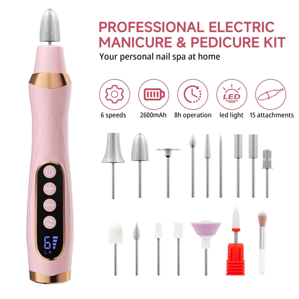 Cordless Nail Drill with LED Light & 6 Speed Settings - Rechargeable Manicure Tool