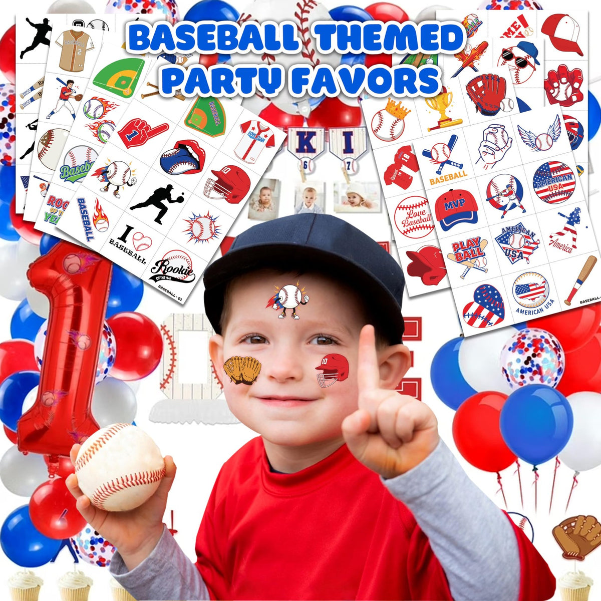 96 Pcs Baseball Temporary Tattoos for Kids — Pre-Cut Sports Stickers, Fun Party Favor