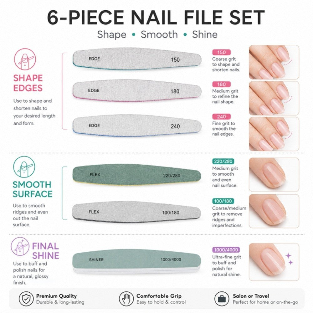 6 Pack Double-Sided Nail Files 100/180 Grit Emery Boards for Manicure & Pedicure