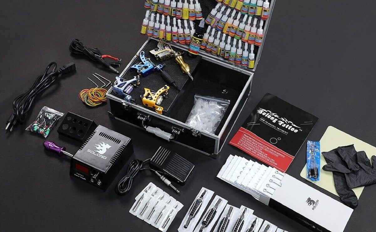 Professional Tattoo Kit Complete Set with Case – 4 Pro Machines, 54 Inks, Needles & Power Supply