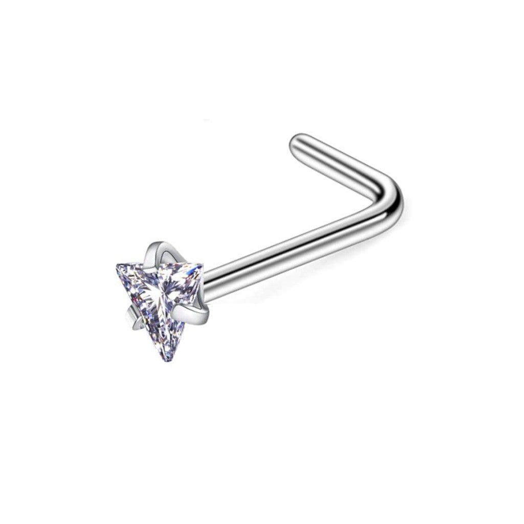 18G Triangle CZ Gem L Bend Nose Ring Prong Set Stainless Steel 316L