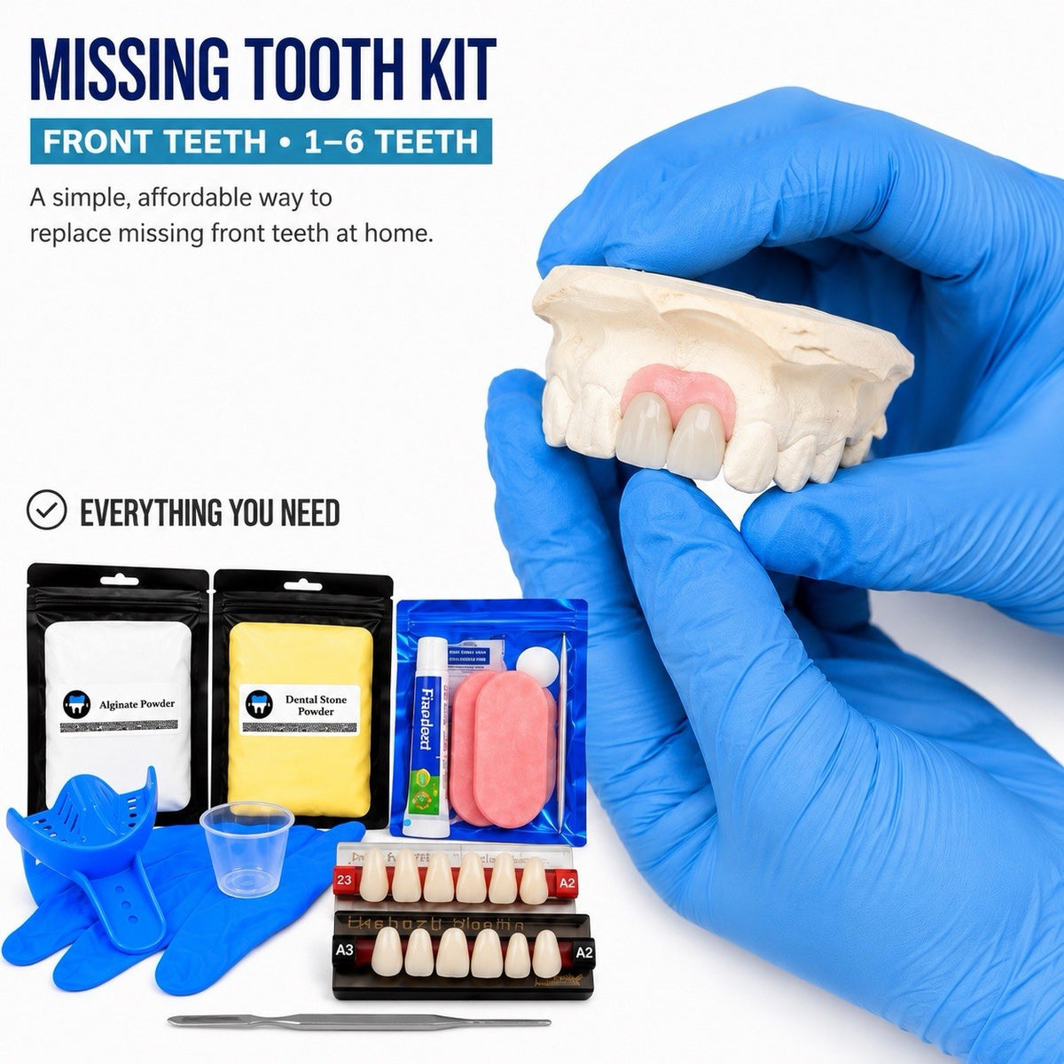 Missing Tooth Kit for Front Teeth Replacement Acrylic Teeth Set - A2 Shade
