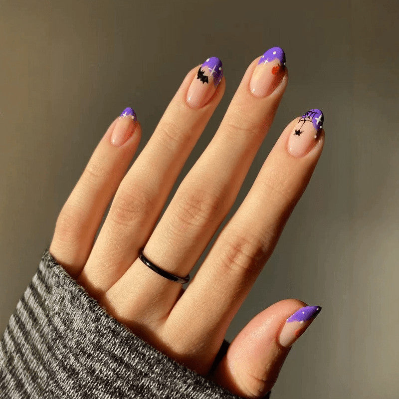 48pcs Short Oval Press-On Nails for French Pumpkin Spider Bat Nail Art