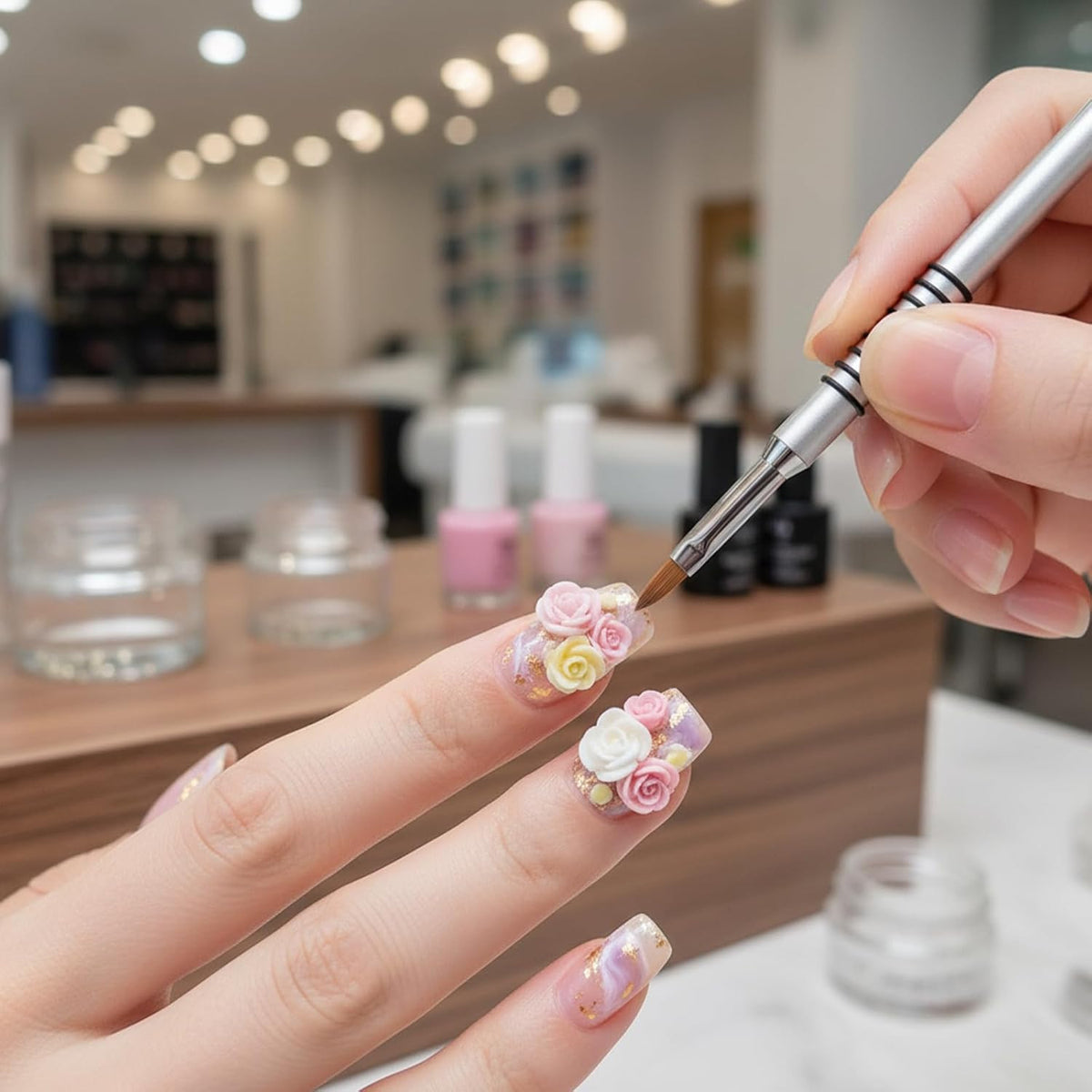 3-Piece Nail Art Brush Set for Acrylic Nails - 3D Flower Design, Non-Slip Handles