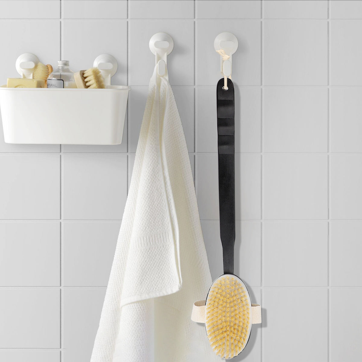 Long Handle Wooden Back Scrubber with Detachable Brush Head - Body Exfoliator