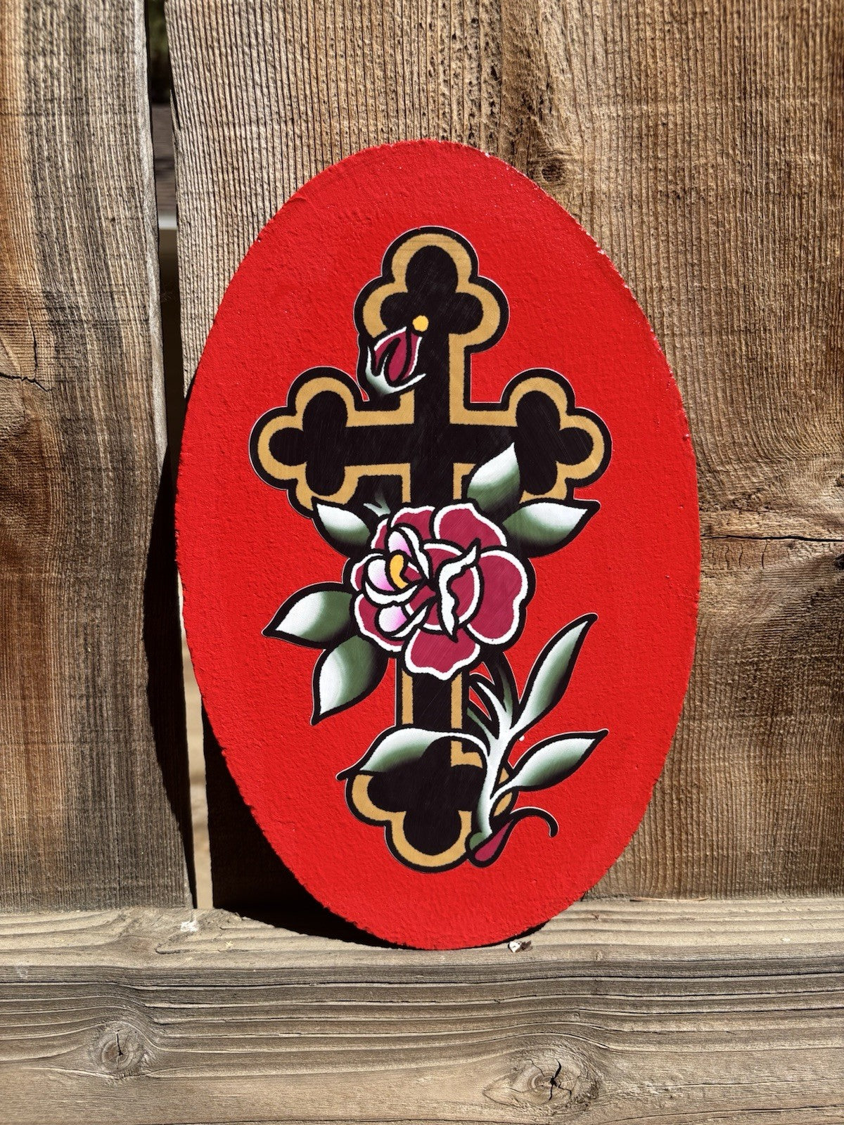 Handmade American Traditional Cross and Rose Sign – Wall Decor