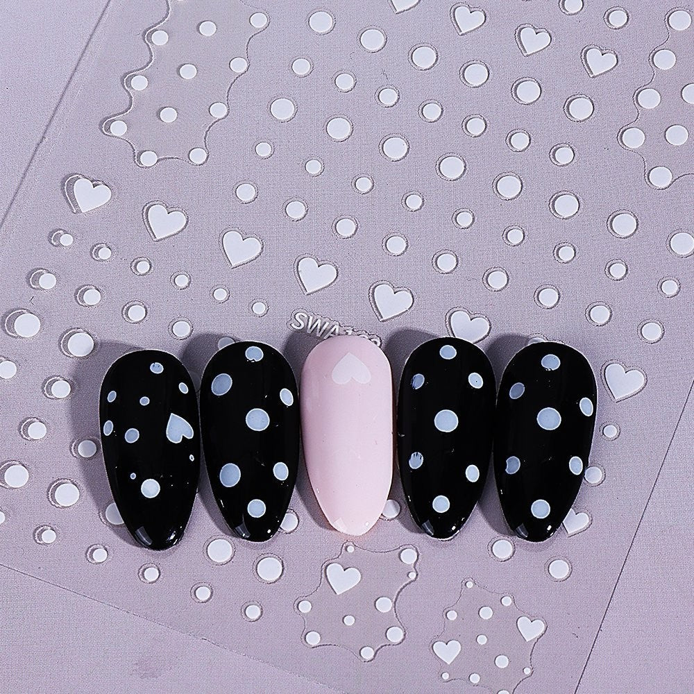 Polka Dots Nail Art Stickers Small Hearts Black White 2 Colors Self-Adhesive Sheet