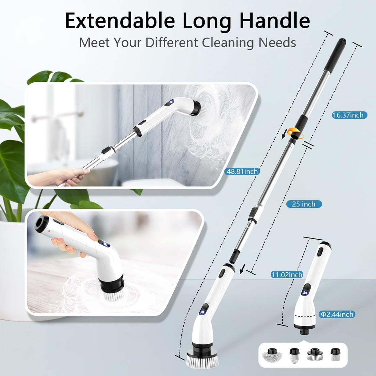 Electric Spin Scrubber Waterproof Bathroom Cleaning Tool with 4 Heads