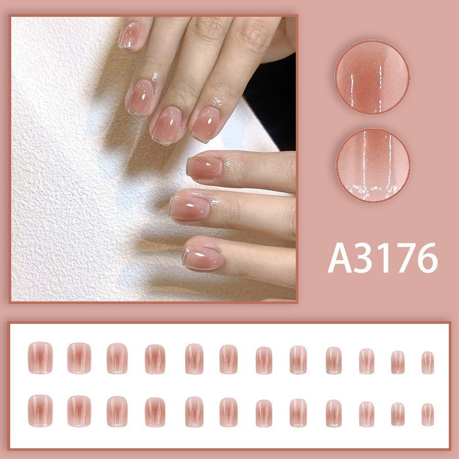 48 Pcs Silver French Press on Nails - Short Square Nude Glossy Fake Nails