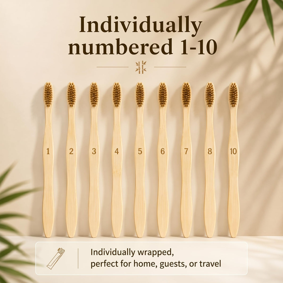 Boar Bristle Bamboo Toothbrush 10 Pack - Plastic-Free, Numbered Adult Set
