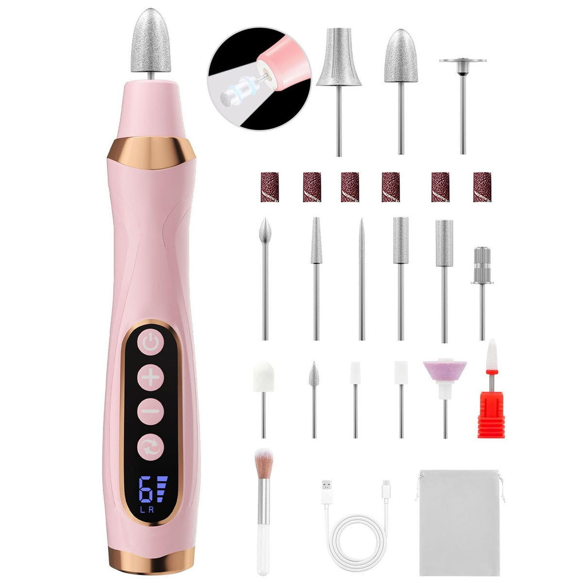 Cordless Nail Drill with LED Light & 6 Speed Settings - Rechargeable Manicure Tool