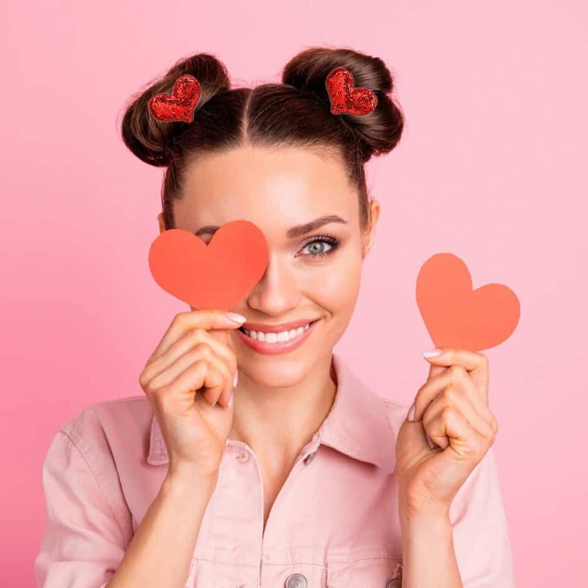 Girls Valentine's Day Glitter Heart Hair Clips Set - Red Sequin Accessories