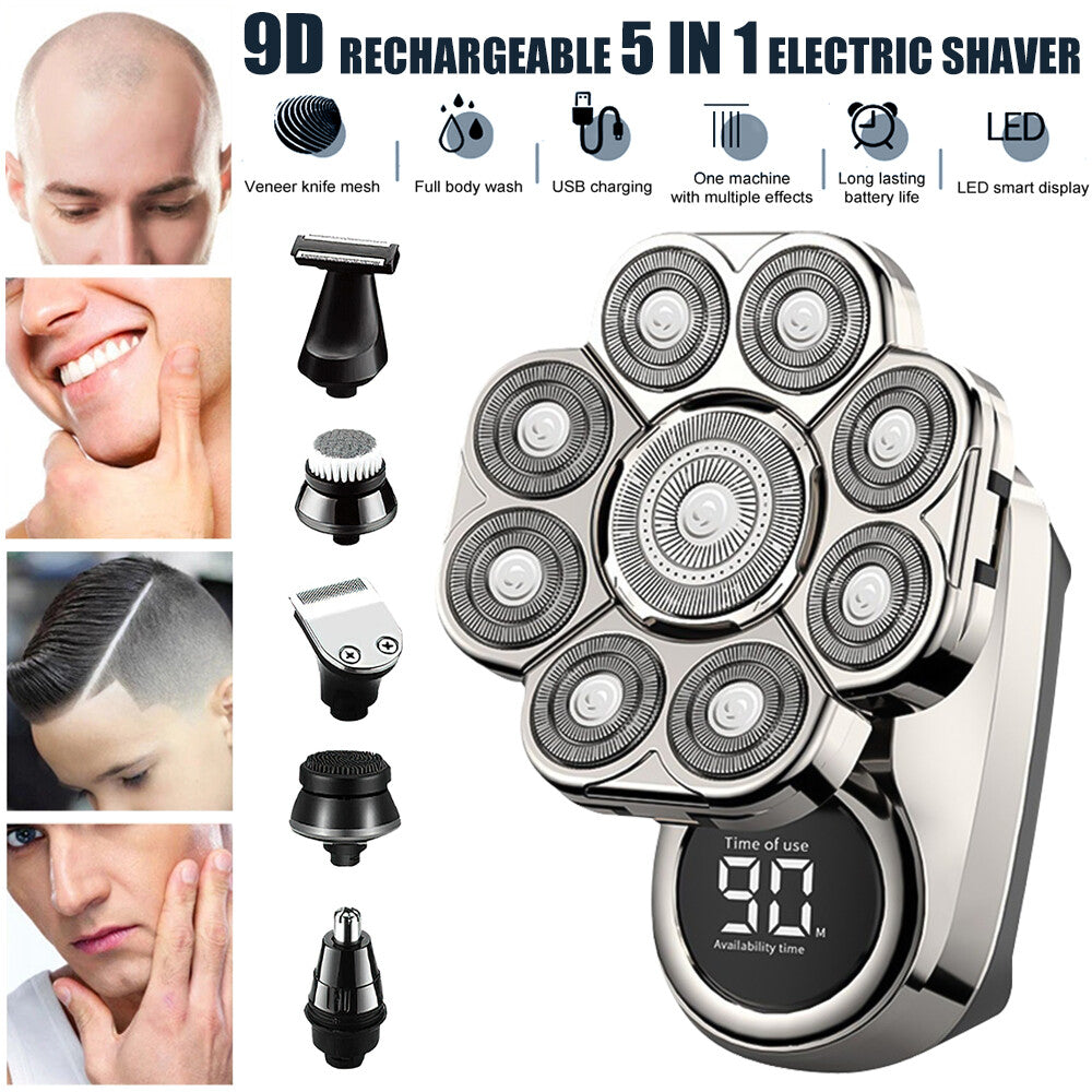 Cordless 9D Electric Head & Beard Shaver Wet Dry Bald Razor Grooming Set