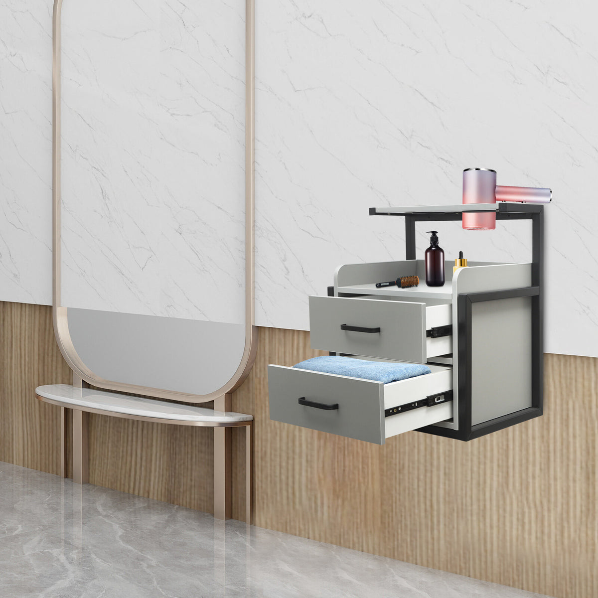 Wall-Mount Salon Station Cabinet with 2 Drawers for Beauty & Barber Shops