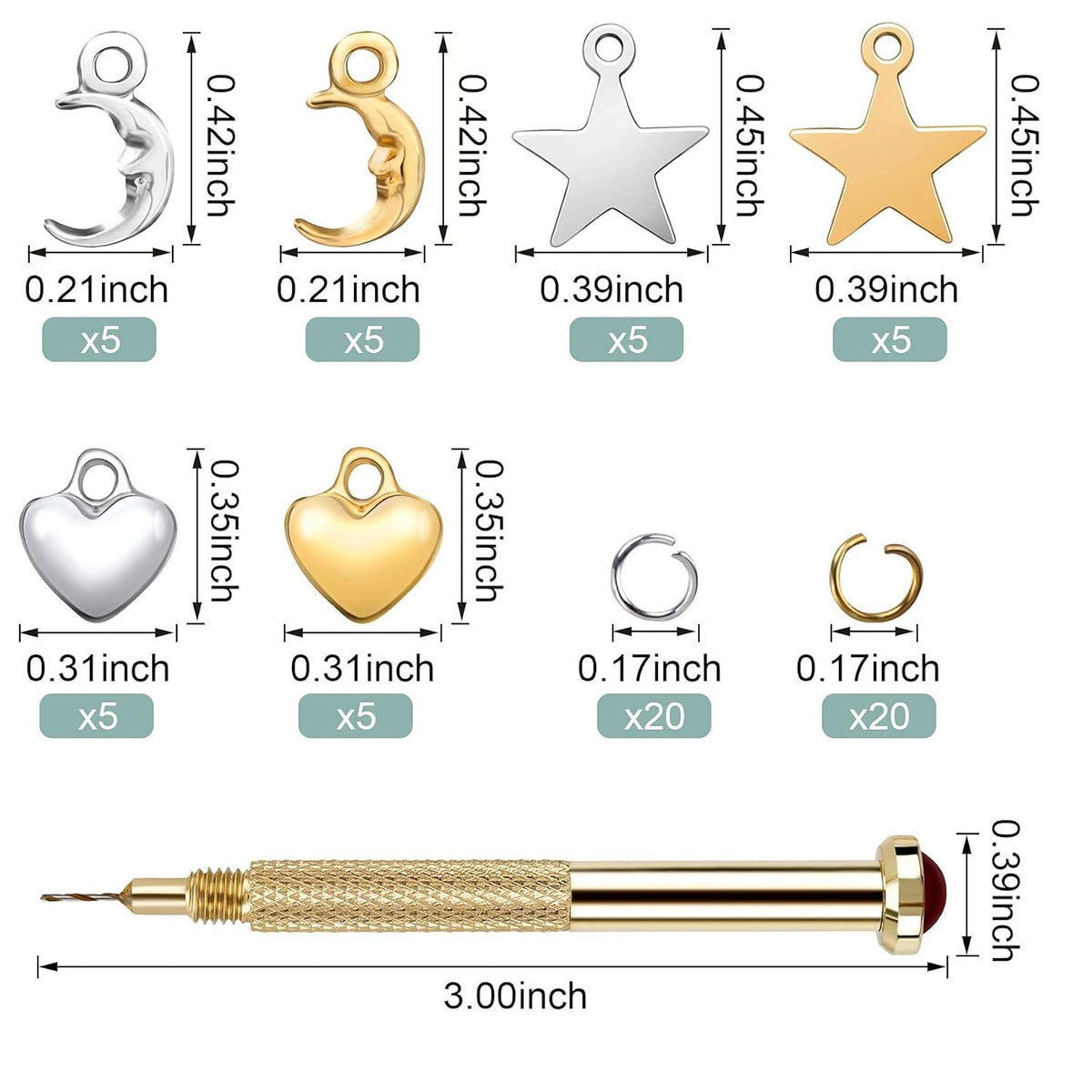 71 Pcs Nail Art Charms Set with Dangle Jewelry Rings & Nail Piercing Tool