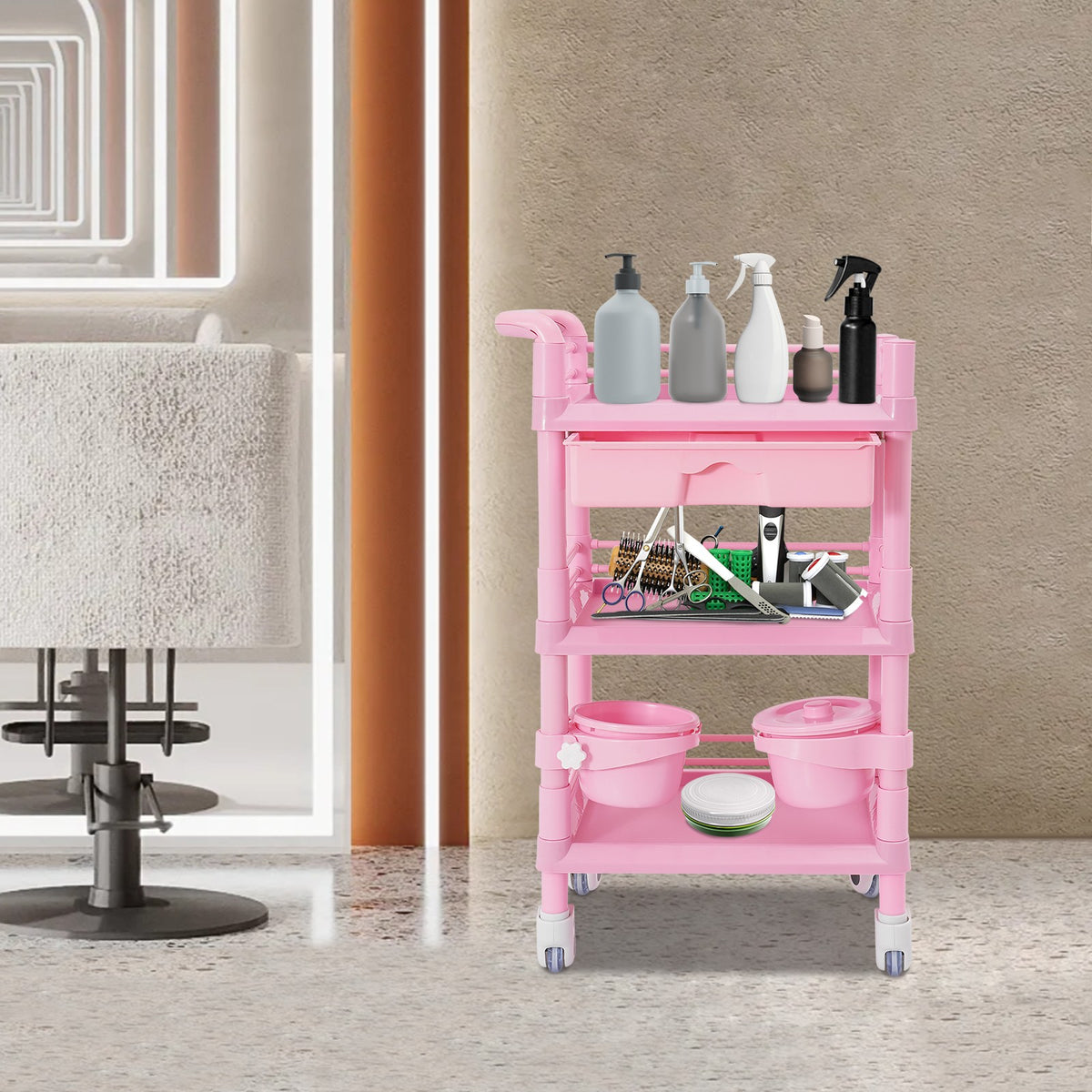 3-Tier Mobile Service Cart with Garbage Baskets - Salon & Medical Storage