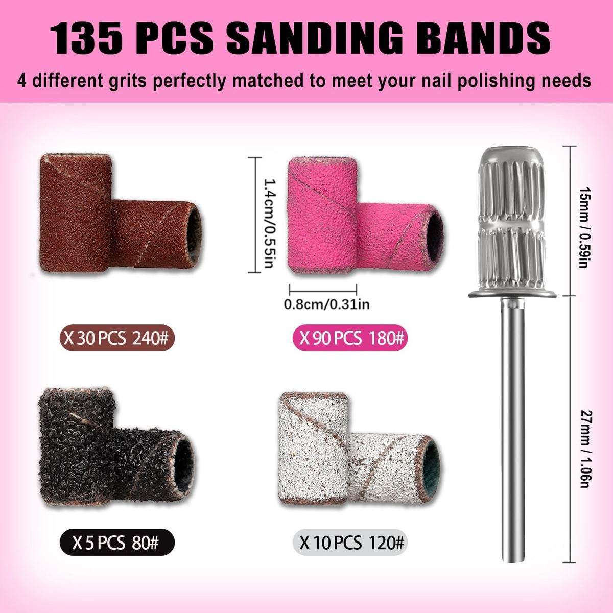 135 Pcs Nail Drill Bits Sanding Bands Set for Manicure & Pedicure