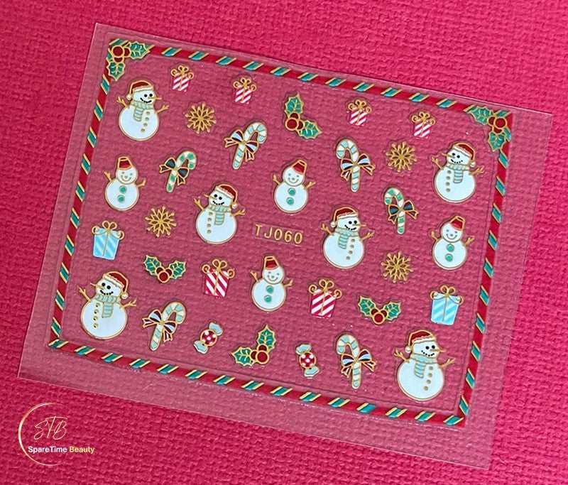 Christmas Snowman Holly Candy Cane Nail Sticker Set - Holiday Decor