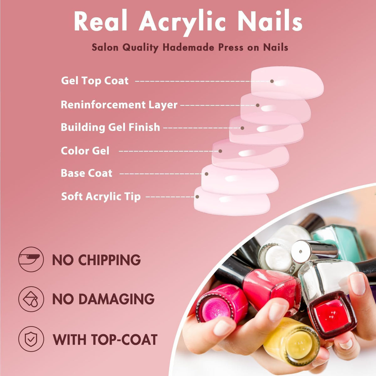 Short Coffin Gel Press-On Nails - Glossy Pink Fake Nails, Natural Fit