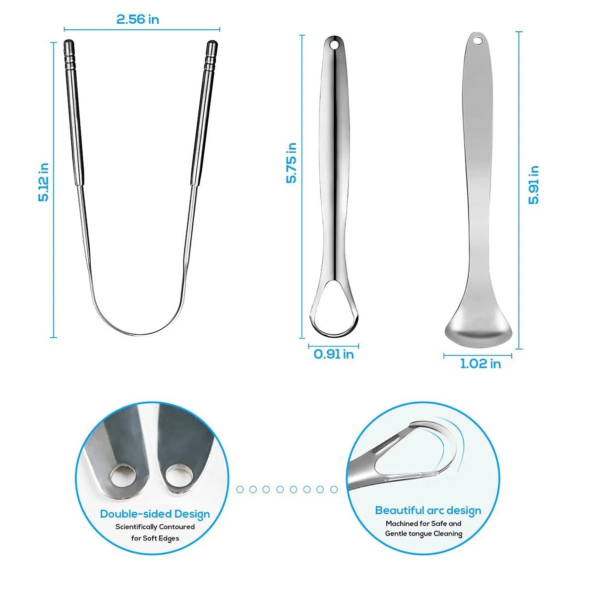 Metal Tongue Scraper Cleaner 3-Pack - Adults & Kids, Stainless Steel, Portable