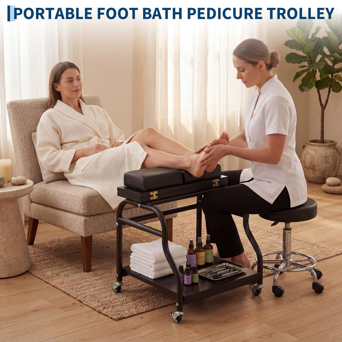 Salon Pedicure Cart Trolley with Wheels, Leg Pads & Storage for Foot Care