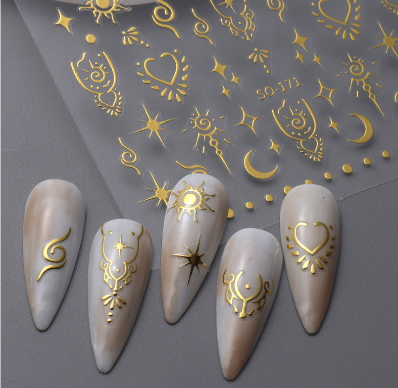 Retro Star Moon Metallic Nail Stickers - Gold Silver Laser 3D Nail Art