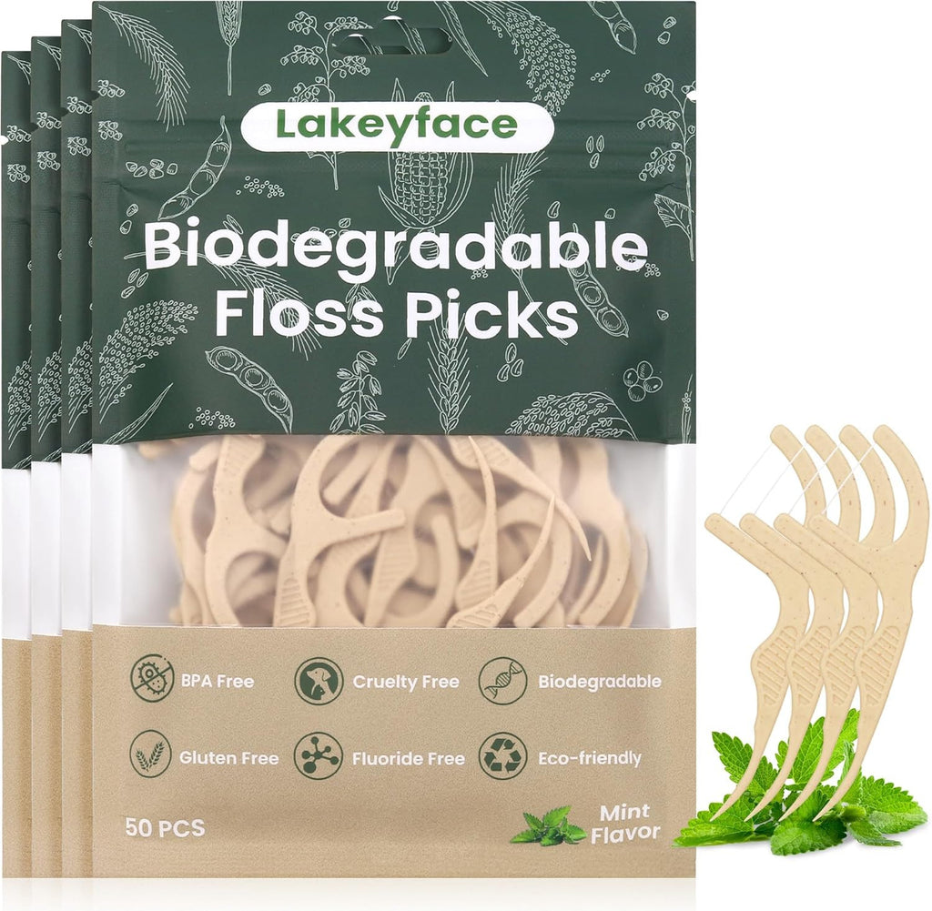 Biodegradable Dental Floss Picks - Eco-Friendly Plant-Based Tooth Floss, Mint, 200 Count