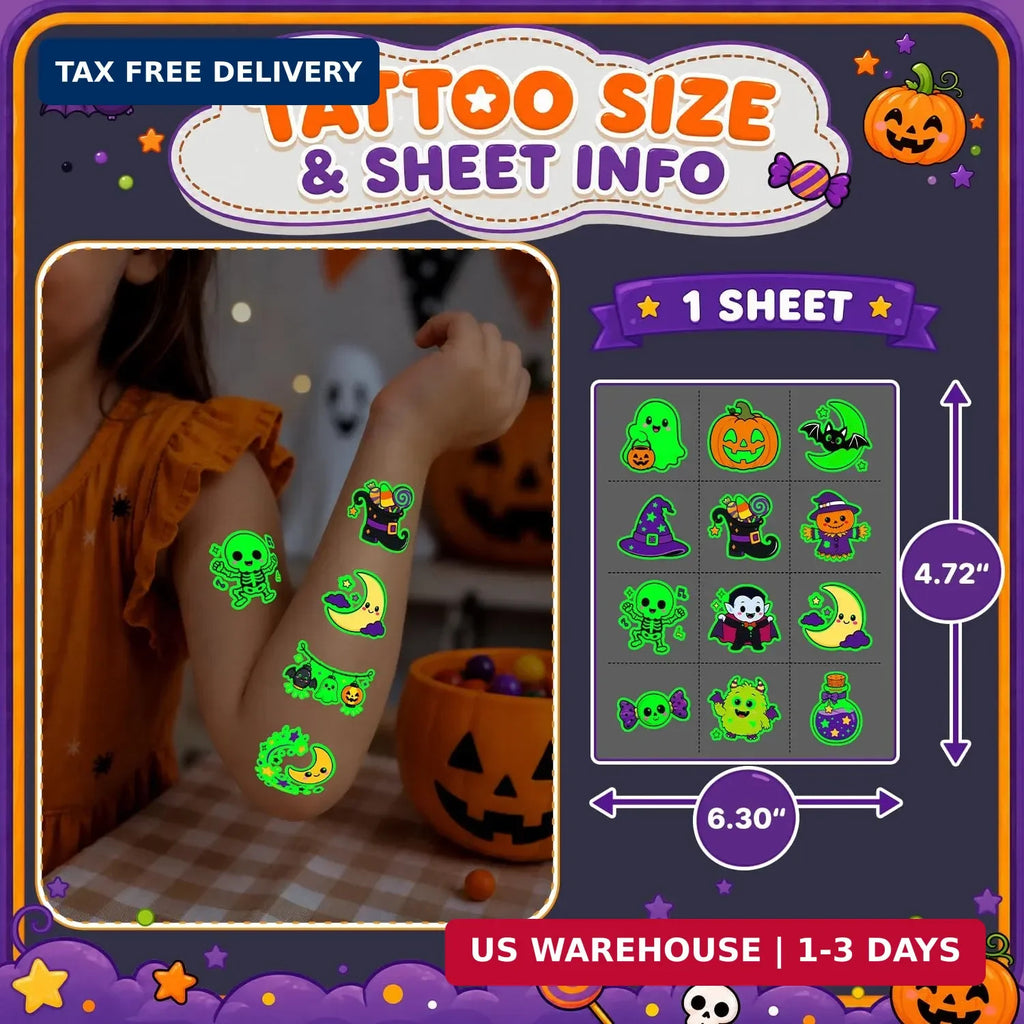 Glow-in-the-Dark Halloween Temporary Tattoos for Kids – 96 Designs