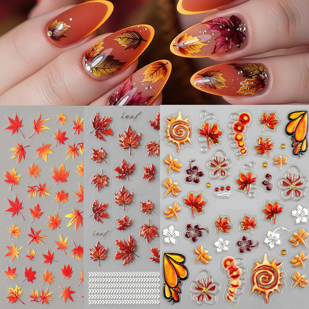 Fall Maple Leaf Nail Stickers - 3 Sheets 5D Self-Adhesive Nail Art Decals