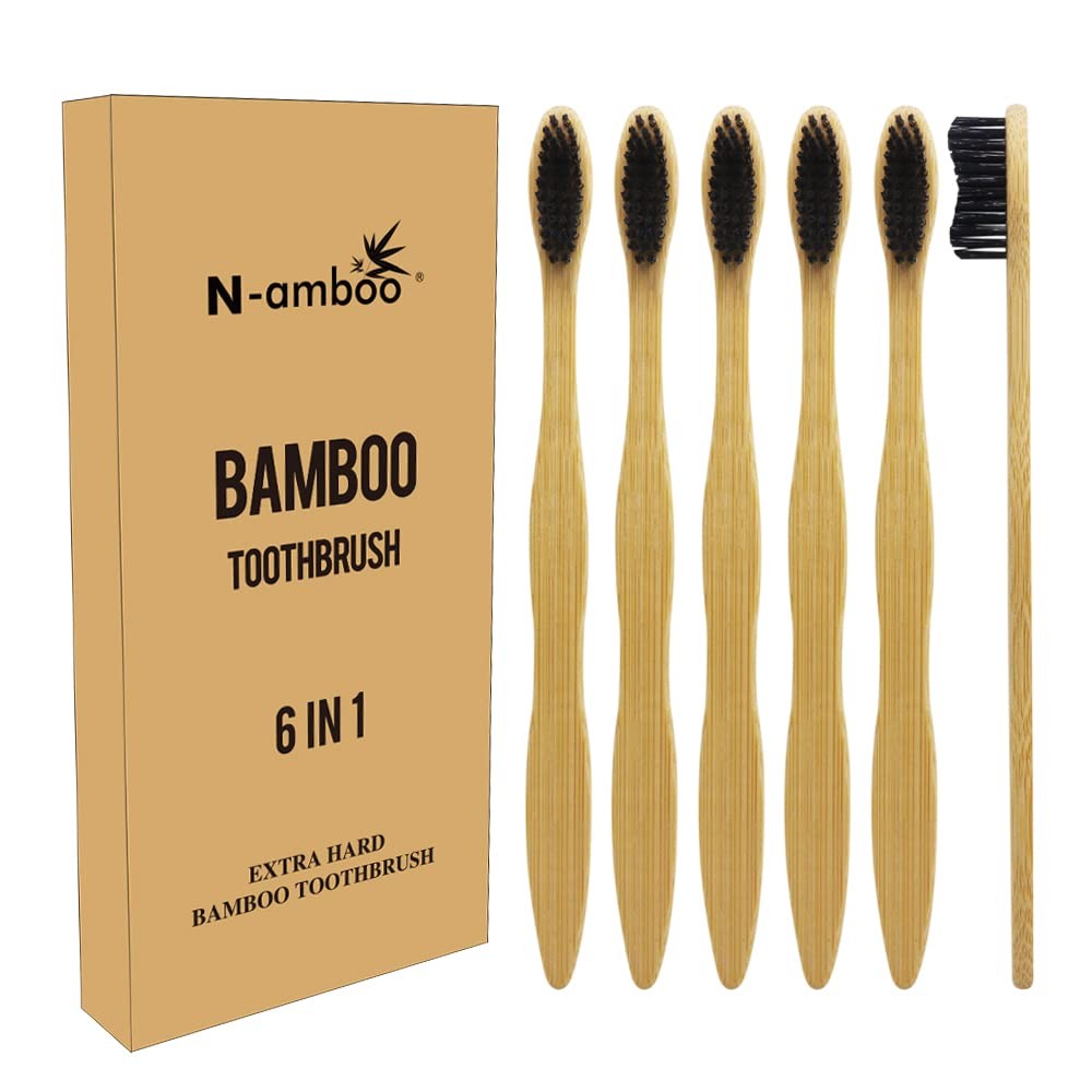 Eco-Friendly Bamboo Toothbrush with Super Hard Bristles - Pack of 6, Light Brown