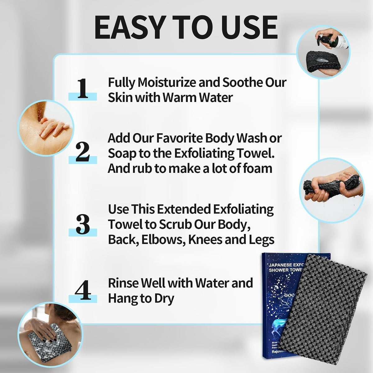 Exfoliating Shower Washcloths - Dual-Side Body Scrubber with Silver Ions & Carbon Fiber, Long Reach & Quick Dry