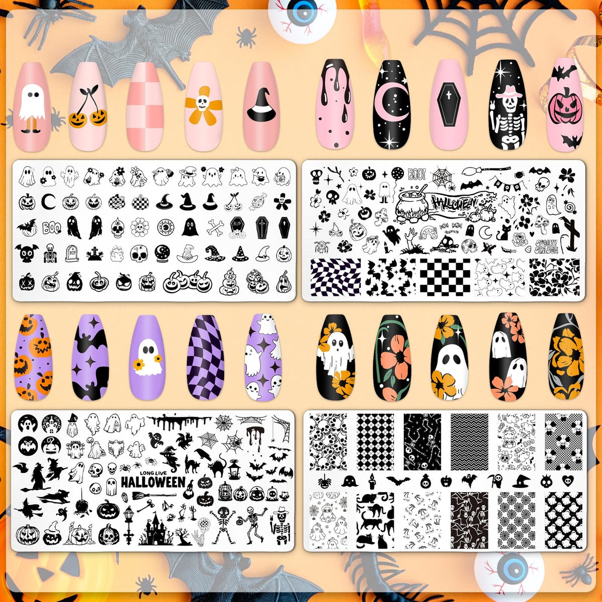 Halloween Nail Art Stamping Plates Set Ghost Pumpkin Designs - 4 Pcs