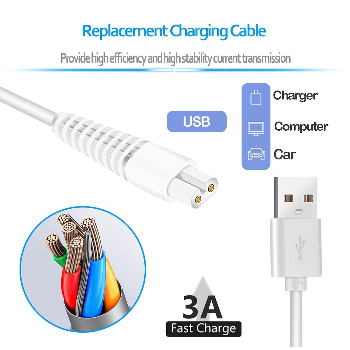 Charging Cable Replacement for Flawless Legs Shaver, Trimmer 2 Pack