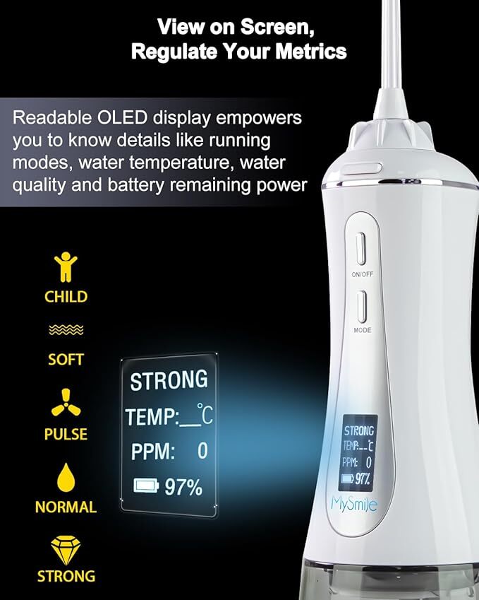 MySmile Cordless Water Flosser Dental Oral Irrigator with 8 Tips 5 Modes White