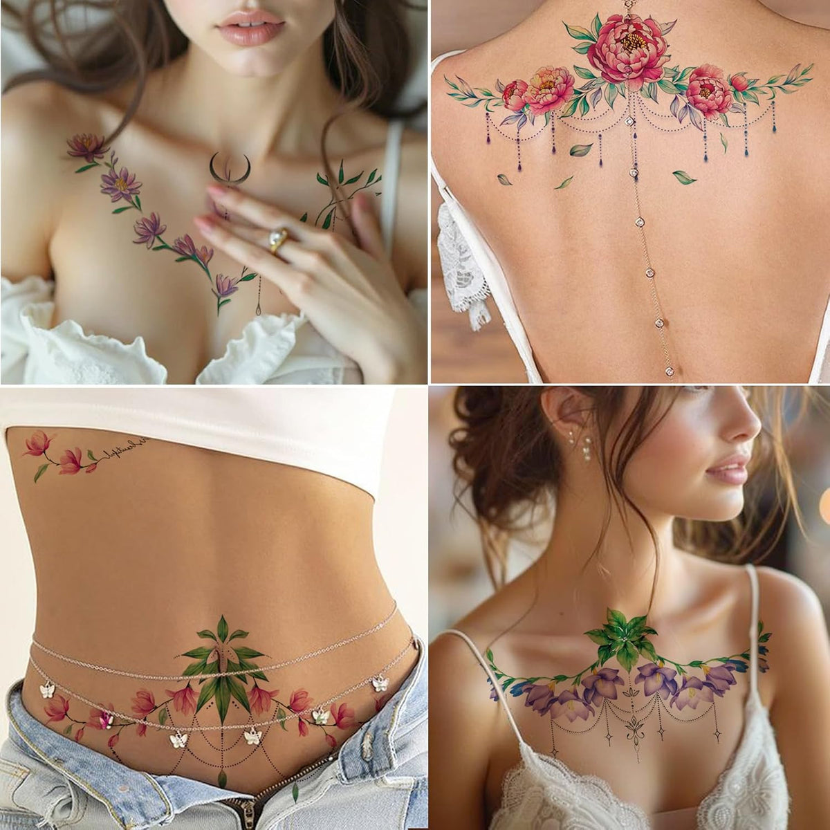 Watercolor Flower Temporary Tattoos for Women – 10 Chest/Body Art Sheets