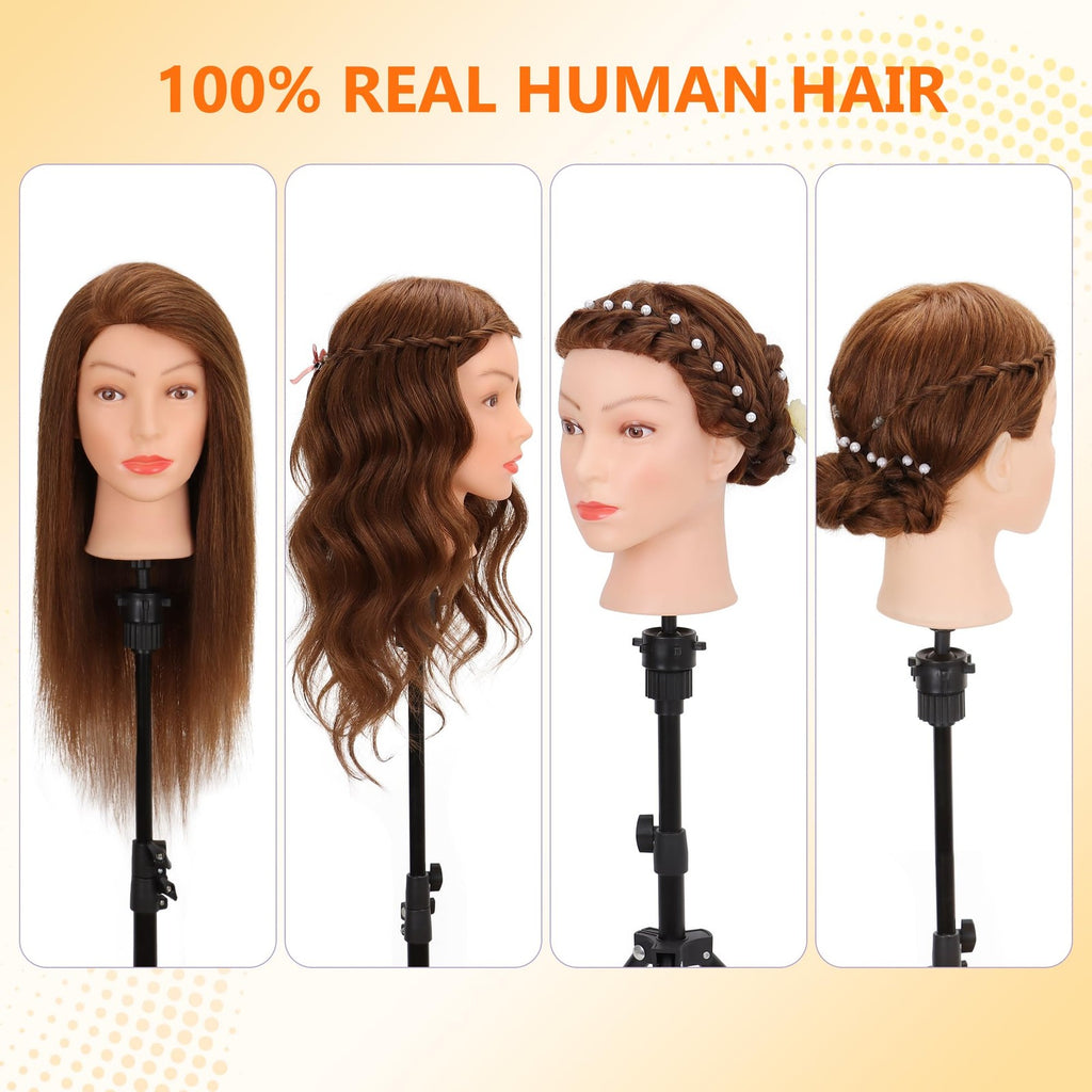 Real Human Hair Mannequin Head for Cosmetology Practice Dark Brown