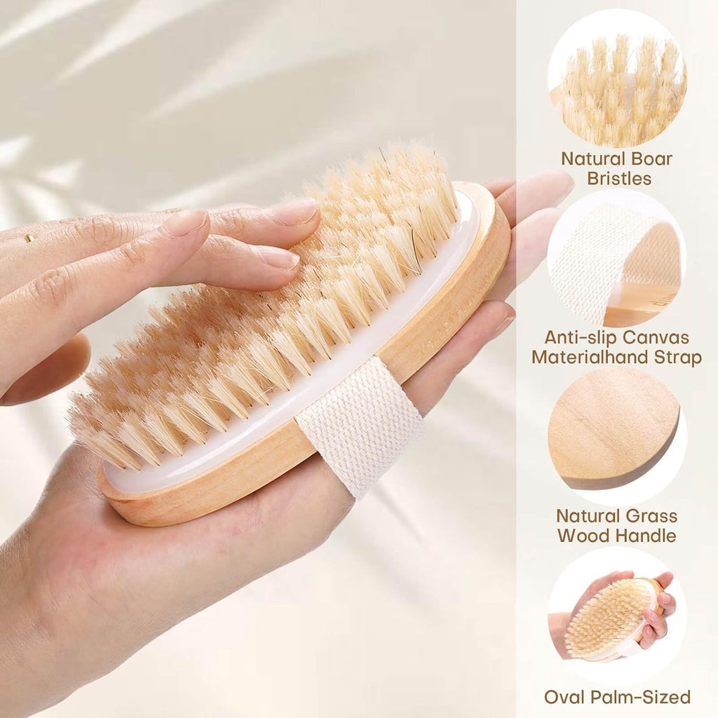 Dry Body Brush with Natural Bristle for Exfoliating & Massage - 2 Pack
