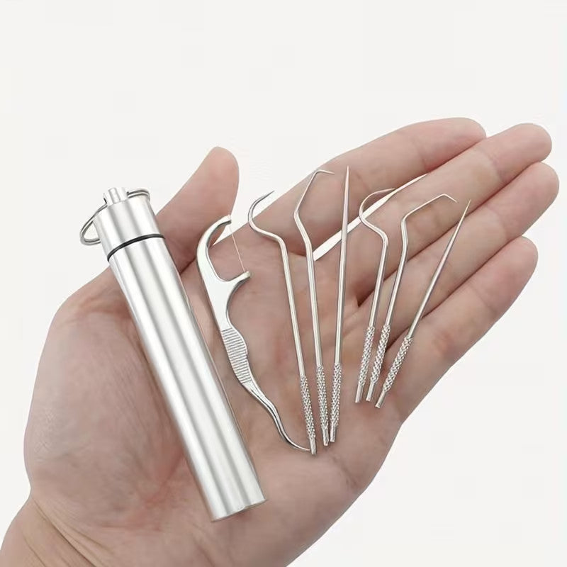 Set of 7 Stainless Steel Toothpicks with Keychain Holder - Reusable Portable Oral Care