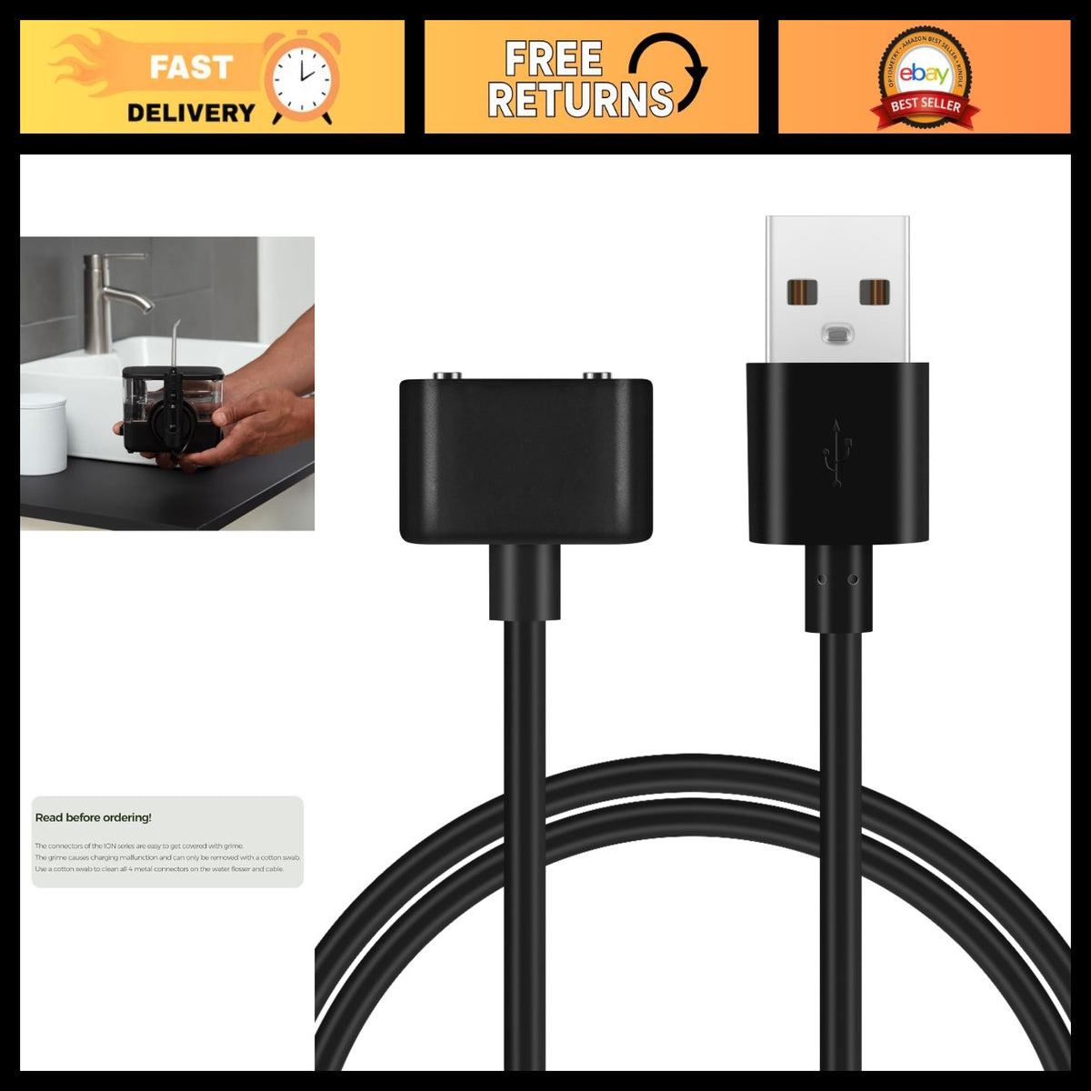 Water Flosser Charger Cable Magnetic USB for Waterpik ION WF-11